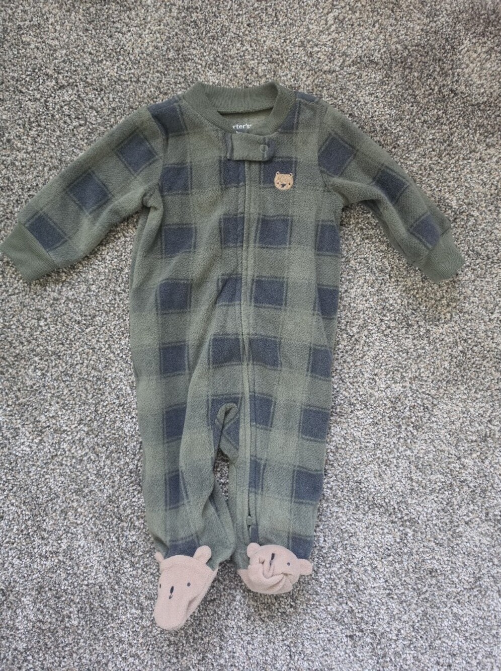 Carter's Green Plaid & Beige Bear Footed One-Piece Set - Picture 2 of 7